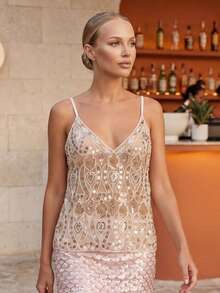 Camisetas de tirantes sin mangas con escote en V y espalda descubierta, corte holgado y lentejuelas para mujer. - Albaricoque A - Ver 4