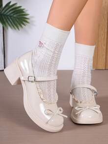 Beige Mary Jane Shoes For Teen Students, New Bow, Thick Sole, Thick Heel, Matching Skirt, Shoe - Beige - View 11