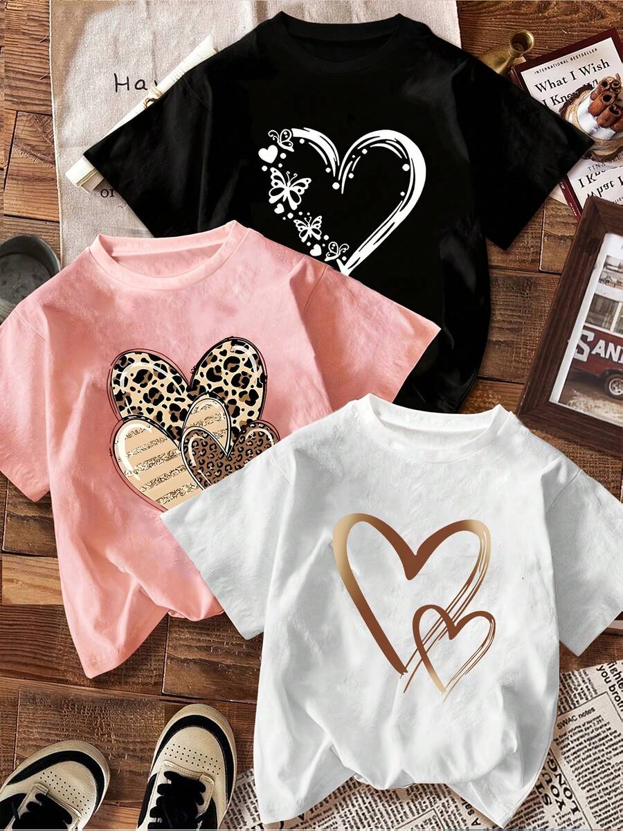Camiseta casual de mujer con estampado de leopardo y corazón, cuello redondo, de una sola pieza. - Blanco - Ver 1