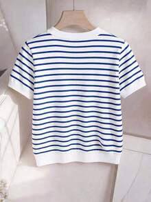 Nueva camiseta de mujer de manga corta con cuello en V a rayas - Azul y blanco - Ver 2