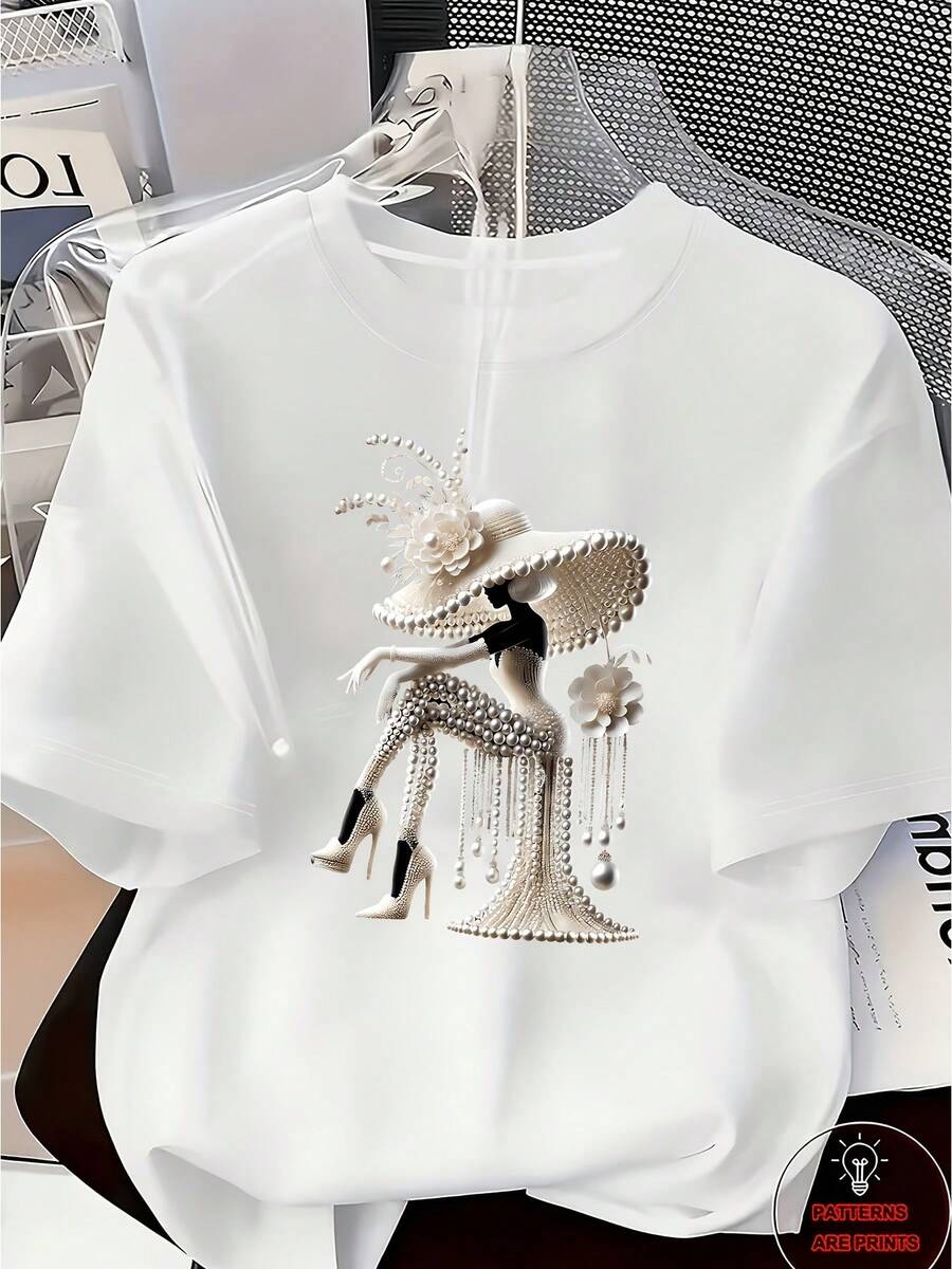 Talla Grande - Talla Grande - Talla Grande para Mujeres con Curvas - Camiseta con Estampado de Perlas, Manga Corta, Cuello Redondo, Top Casual para Verano y Primavera - Ropa de Mujer 1 - Manga Corta Holgada, Casual y Versátil para Mujeres con Curvas - Camiseta de Algodón Casual, Versátil y Cómoda - Blanco - Ver 1