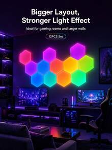 RGB六边形LED壁灯面板，智能DIY模块化壁灯，支持APP远程控制，音乐同步USB供电变色灯，适用于游戏室、卧室装饰 - RGB 六角形拼接裝飾燈 - 查看 10