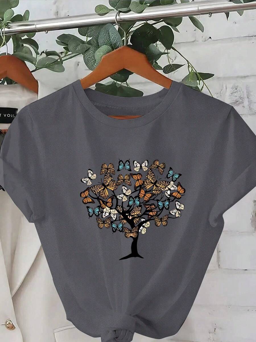 Fashionable T-Shirt With Print And Round Neck, Short Sleeves, Plus Size, Women's Clothing, Women's Garments - 深灰色 - 查看 1