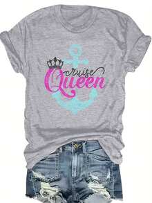 Elegant Plus Size T-Shirt With 'Queen' Letter Print - Casual Crew Neck, Short Sleeve For Women, Machine Washable - Light Grey - View 1
