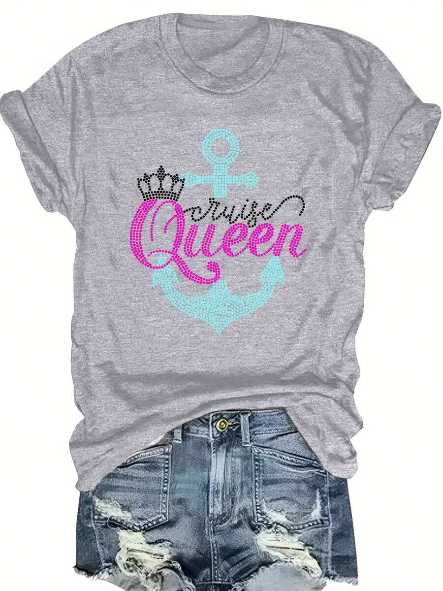 Elegant Plus Size T-Shirt With 'Queen' Letter Print - Casual Crew Neck, Short Sleeve For Women, Machine Washable - Light Grey - View 1