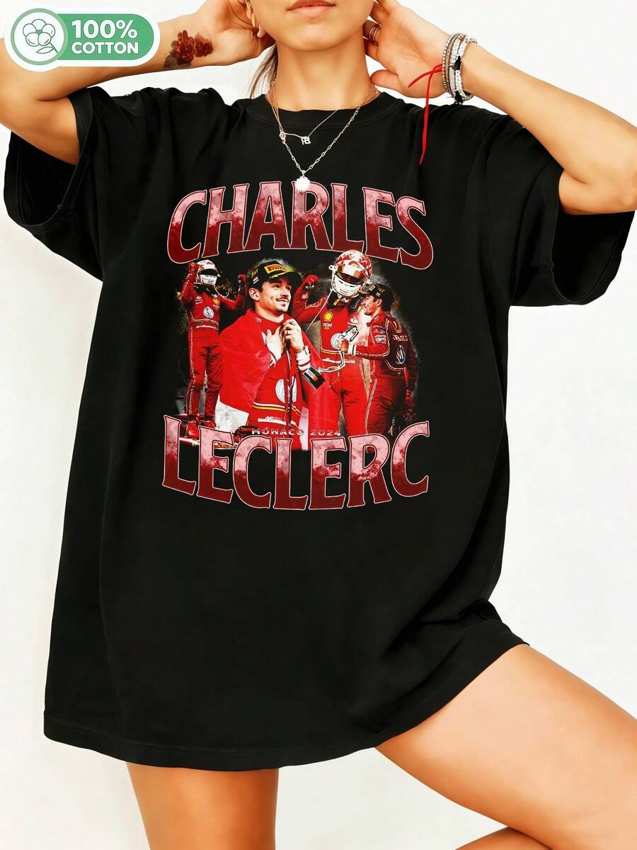 Charles Formulaaa 1 Driver Fan Art Vintage Bootleg Graphic Print T-Shirt, Monaco GP 2024 Championship Celebration Collage With Multiple Racing Suit Portraits, CHARLES Red Gradient Text, Retro 90s H. - Black - View 1