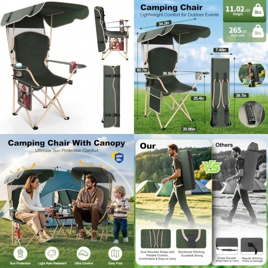 VTOY - Silla de camping portátil con dosel, silla plegable con dosel, silla Oxford 600D duradera para camping, playa, picnic, pesca y portes - 1 paquete de verde oliva - Ver 1