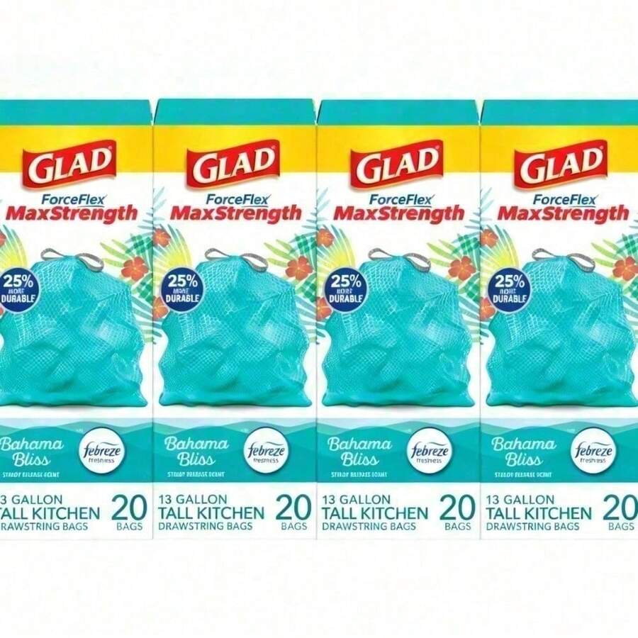 Glad ForceFlex MaxStrength Tall Kitchen Trash Bags (13 Gallon) - Bahama Bliss + Febreze. Triple-Layer Strength Resists Tears/Punctures, ForceFlex Technology Stretches With Heavy Loads. Febreze Freshness Eliminates Odors, Long-Lasting Tropical Scent. Fits Standard Tall Kitchen Bins, Secure Drawstring Closure. - 1 - Xem 1