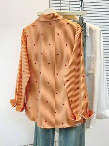 Blusa de mujer con cuello polo, estampado de corazones y rayas - Camisa casual de manga larga con botones, adecuada para uso diario en primavera, verano y otoño - Naranja - Ver 4