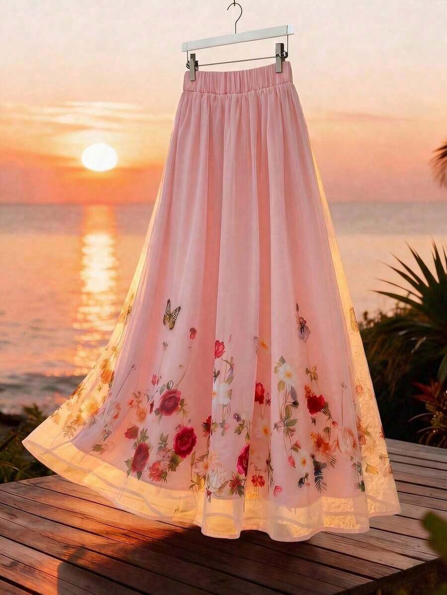 Flora Isola Flora Isola Falda A-Line elegante de mujer con bordado de flores 3D en malla para primavera/verano - Rosa 2 - Ver 1