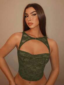 Top de corsé negro removible para festivales de música, atuendos para conciertos - Verde militar - Ver 1