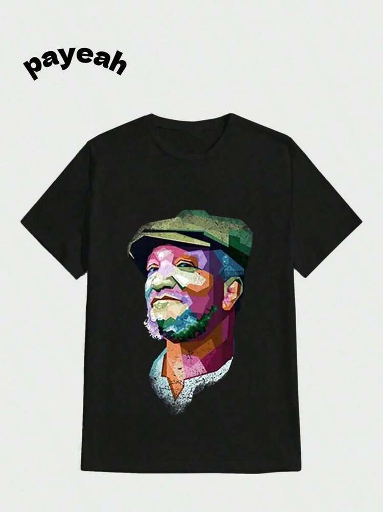 Payeah Retro Movie Character Print T-Shirt, Casual Digital Print, Pure Thick Cotton T-Shirt - màu đen - Xem 1