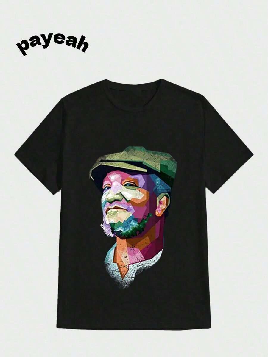 Camiseta con Estampados Retro de Personajes de Películas Payeah, Estampado Digital Casual, Camiseta de Algodón Grueso Puro - Negro - Ver 1