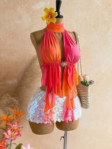 Blusa de mujer con encaje bordado, escote halter, espalda descubierta, tirantes con lazo, bajo fluido y elegante, adecuada para la playa, cruceros y resorts - Multicolor 5 - Ver 3