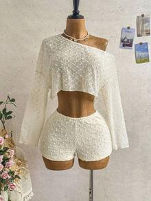 Conjunto de 2 piezas de top de manga larga con hombro asimétrico y degradado y shorts de moda para mujer - Albaricoque - Ver 6
