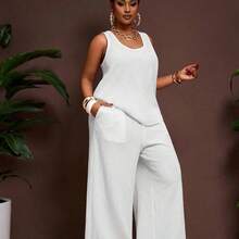 Slayr 2025 New Spring/Summer Plus Size Women's Vintage Western/Tropical/Music Festival/Club/Road Trip/Casual Street/City Vacation/Graduation Date/Elegant Vacation 2-Piece Set - Loose Sheer Textured Fabric U-Neck Sleeveless Tank Top With Elastic Waist Palazzo Pants - Blanco - Ver 7