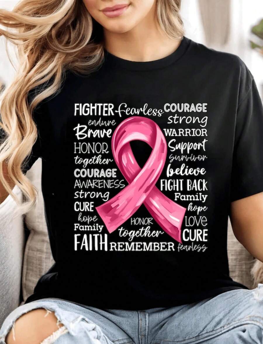 1 Breast Cancer Awareness T-Shirt, Pink Ribbon T-Shirt, Team Pink Support, Breast Cancer Outfit, Survivor Gift, Matching T-Shirts For Groups And Families, 180g 100% Cotton. - 黑色 8 - 查看 1