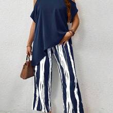 Holidaya Plus Size Blue Casual Loose Cold Shoulder Two Pieces Set, For Summer - Café integral - Ver 6