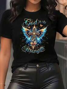 A Women's Short-Sleeved T-Shirt With A Retro American Style, Featuring A Relaxed Fit And Print (The Pants Are Styling Suggestions Only). This Simple Yet Fashionable Item Boasts Tropical Print Text Patterns And Is A Must-Have For Creating A Laid-Back Holiday Look, Perfect For Labor Day And Mexican Independence Day. - 黑色 - 查看 7