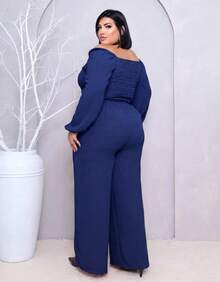 Conjunto Plus Size Blusa Cropped Ombro a Ombro e Calça Forrada Pantalona Cintura Alta Elegante - Azul Marinho - Visão 8