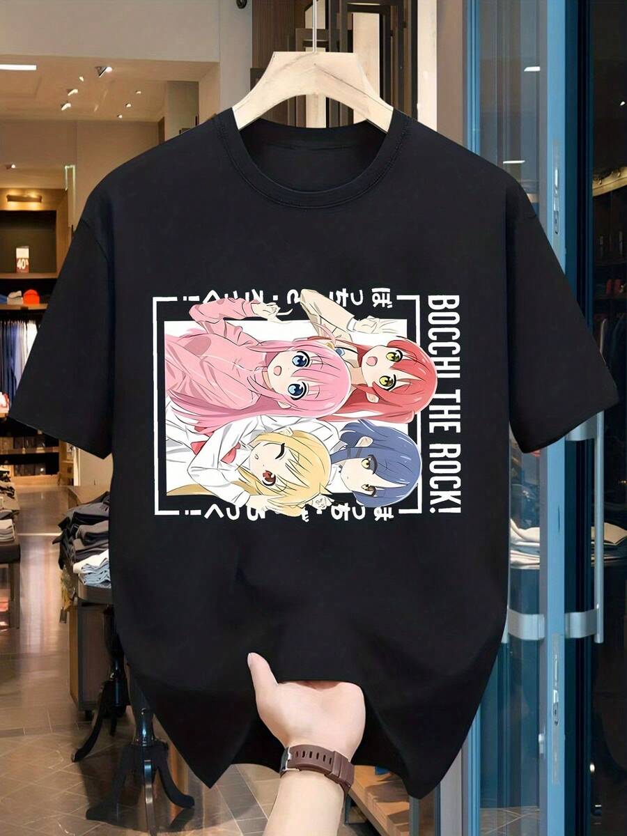 Camiseta Gráfica de Anime para Mujer - Transpirable, de Secado Rápido, Manga Corta, Cuello Redondo, con Personajes de Pelo Rosa y Azul, Texto Japonés y Posiciones de Acción Dinámicas - Camiseta Casual de Verano para Correr al Aire Libre para Fanáticos del Anime Y2k - Negro - Ver 1