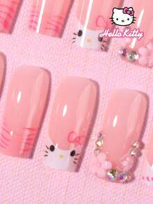 SANRIO 24片Y2K风格中号方形可爱3D豹纹粉色法式美甲贴纸，饰有Hello Kitty、蝴蝶结、粉色花朵和水钻，适用于亚克力指甲，包含1瓶凝胶胶水和1个指甲锉，非常适合女孩的日常生活和派对。 - 彩色 - 查看 4