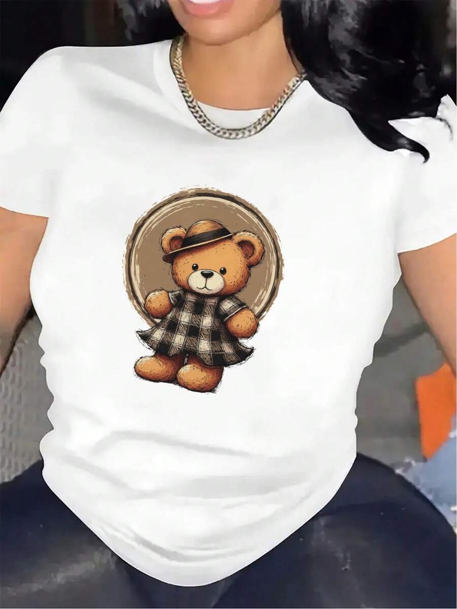 Oversized Fitted T-Shirt With Cute Bear Print | Durable And Comfortable, Ideal For The Living Room Or Dining Room, Soft Fabric, Stylish Casual Top, Suitable For Daily Wear, Lightweight And Breathable Clothing, Round Neck, Medium Elasticity Fabric, Cute Print. - 白色 - 查看 1