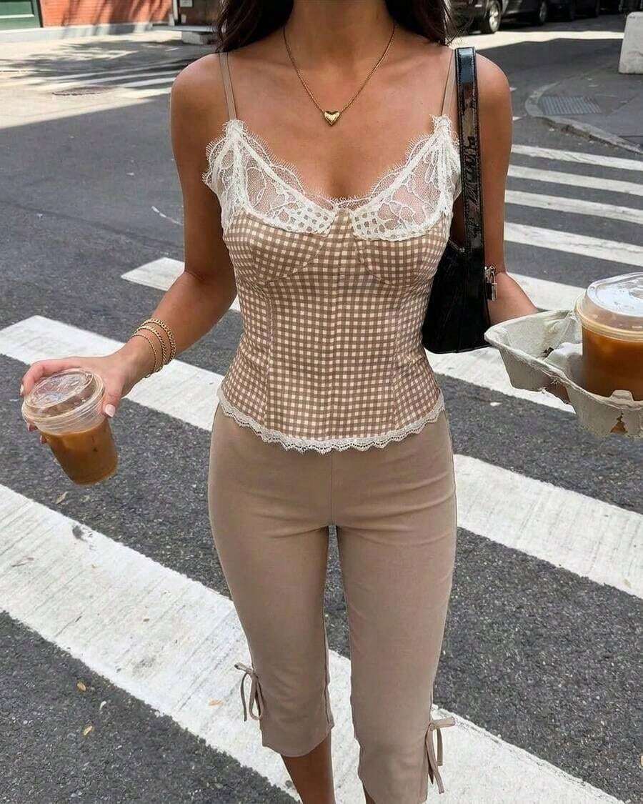 Pantalones Capri de Mujer Dila Polly, Estilo Casual de Verano, Color Sólido, con Lazo Frontal, Pantalones Cortos Clásicos Retro, Atuendo Versátil para Fin de Semana - Marrón Mocha - Ver 1