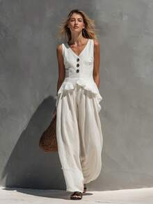 Conjunto de lino nuevo para primavera-verano, estilo casual y de oficina, chaleco de botonadura delantera y cuello V, diseño favorecedor, perfecto para looks de día y transición estacional - Blanco - Ver 4