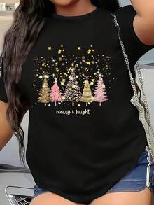Women's Short Sleeve Cotton T-Shirt, Brightly Colored Merry Christmas Print T-Shirt, Casual Sweatshirt, Women's T-Shirt - 黑色 - 查看 2
