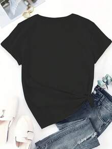 Camiseta de mujer 100% algodón puro, estampada con un diseño de oso de dibujos animados, camiseta de manga corta con cuello redondo, ropa de verano para comodidad y transpirabilidad diarias, ropa de verano para mujer. - Negro - Ver 3