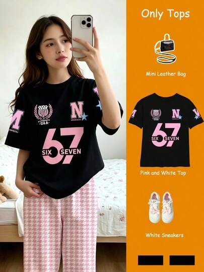 Girls' Oversized Retro 67 Graphic Tee, Loose Fit Casual Sports Style Short Sleeve T-Shirt, Summer