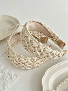 1pc Handmade Braided Cream-White Wide Headband, Minimalist Versatile Outdoor High Crown Hair Hoop - Multicolor - View 3