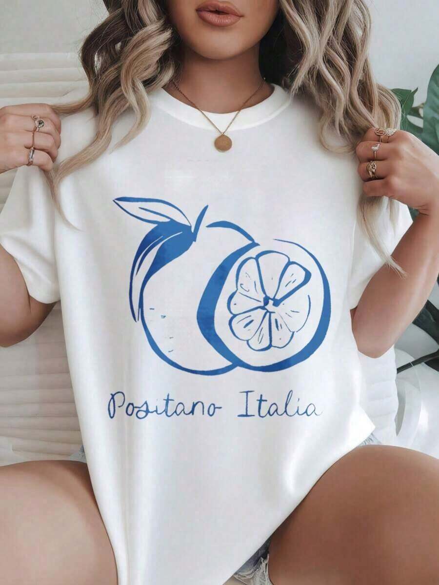 Camiseta Casual de Manga Corta para Mujer - Cuello Redondo con Estampado de Limón Azul y Texto Positano Italia, Top de Verano, Lavable a Máquina, Camisetas para Damas, Ropa Casual, Estilo Moderno, Ajuste Cómodo  
 -Blanco - Blanco - Ver 1