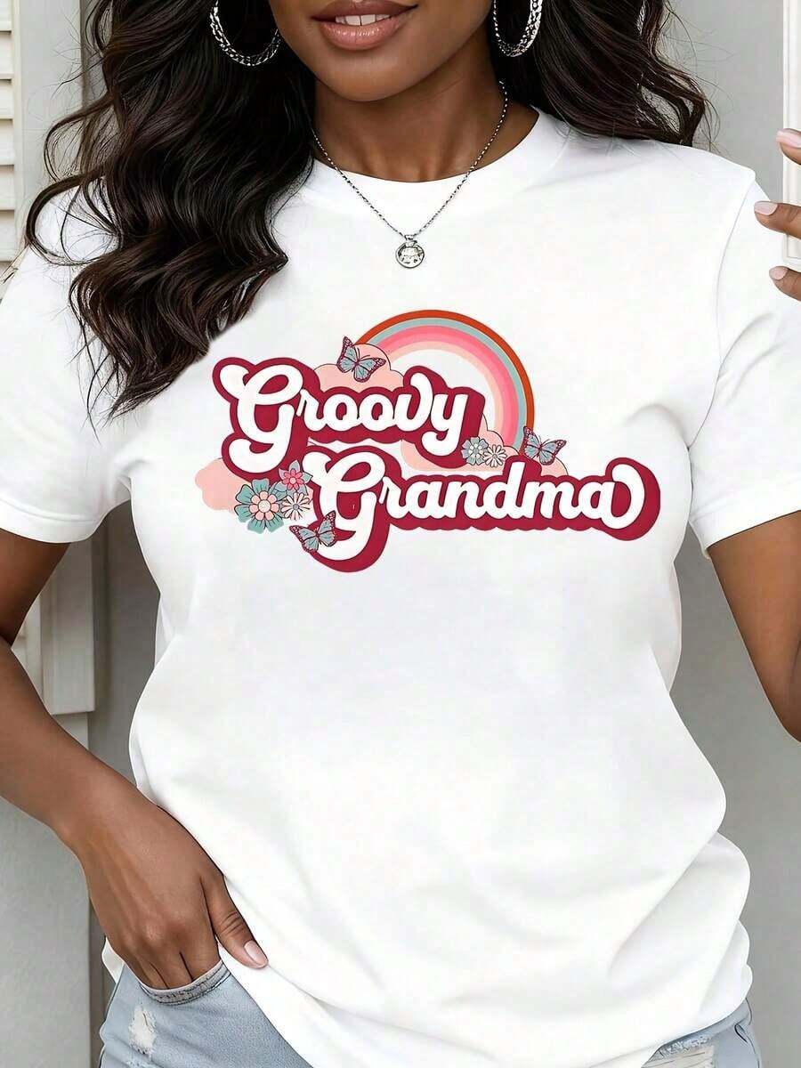 Camiseta de Cuello Redondo para Mujer con Estampado de Mariposas y Flores Arcoíris, Manga Corta, Estilo Casual de Verano, Regalo para Abuela - Blanco - Ver 1
