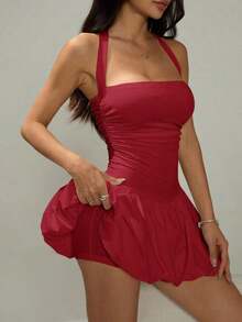 Vestido informal corto de unicolor con cuello de lazo y espalda descubierta para mujer - Burdeos - Ver 8