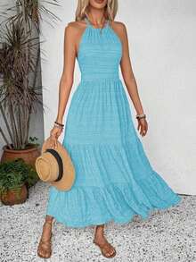 Women Texture Summer Dress With Solid Color, Back Strap, And Frill Hem, Perfect For Holiday Outfits Maxi Beach Beach Vacation - 藍色 - 查看 5