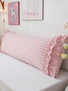 1pc Pink Plaid Pattern Long Pillowcase, Made Of Soft And Comfortable Polyester Fabric. Suitable For Bedroom And Living Room, Essential Home Decor For All Seasons, Simple Decoration, Must-Have Home Accessory, Suitable For Spring And Summer Use - Pink - View 7