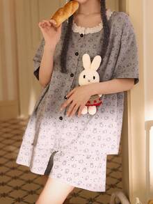 Gongdie MIFFY 女士三件套米菲睡衣，春夏纯棉睡衣套装，蕾丝边圆领纽扣开襟，卡通波点印花家居睡衣 - 灰色 - 查看 5
