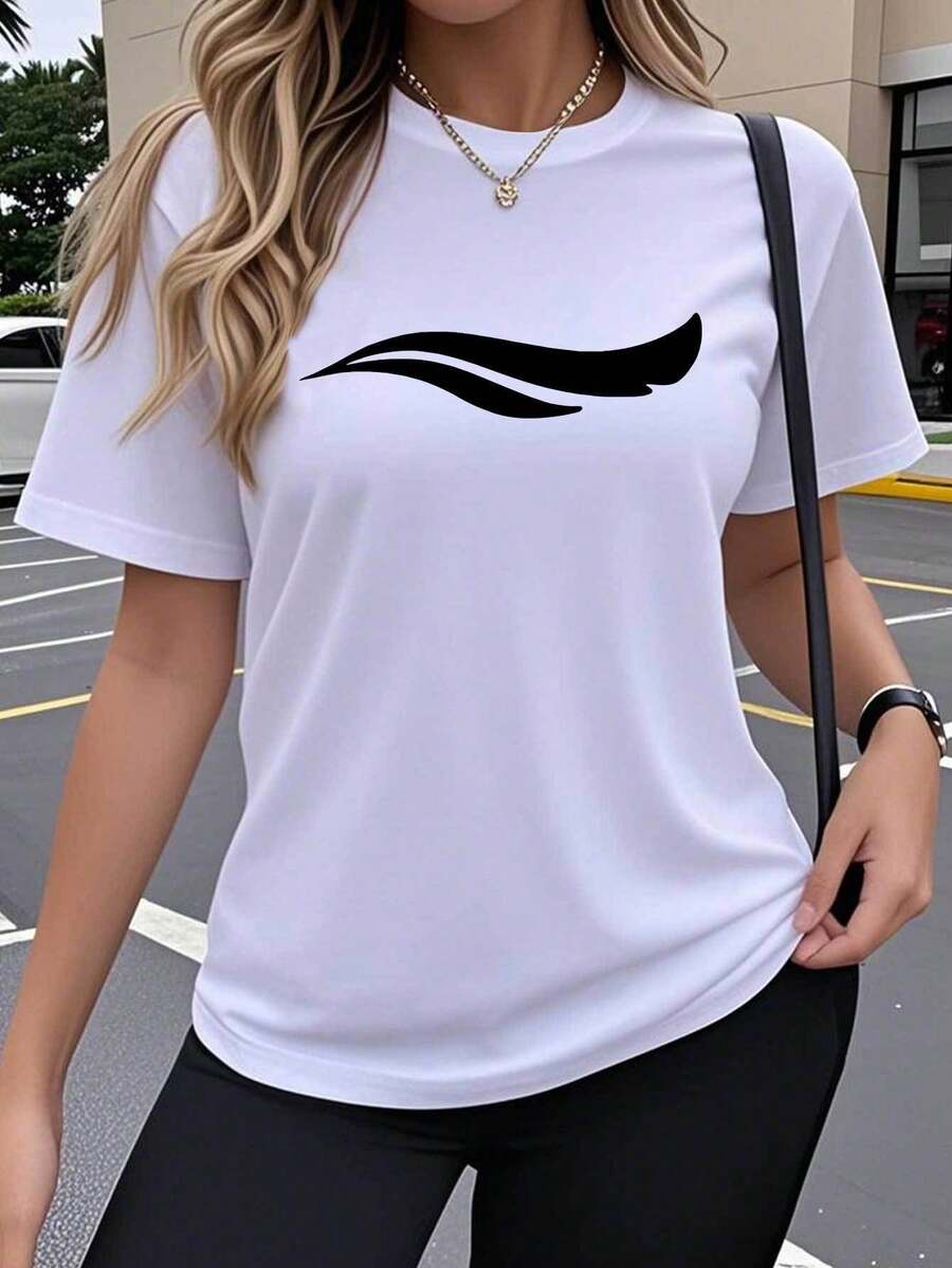 Soft 100% Cotton Women's Short-Sleeved T-Shirt, Single Pack, Creative Artistic Geometric Wing Design With A Fun And Popular Print, Elastic Top With Round Neck, Comfortable Outdoor Clothing In Spring And Summer, Y2K Style, Loose, Casual, Simple And Elegant, Breathable Cotton T-Shirt, Matches Everything. - 白色 - 查看 1