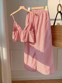2 piezas Conjunto casual de vacaciones con rayas tejidas amarillas para mujer, /verano - Rojo y blanco - Ver 2