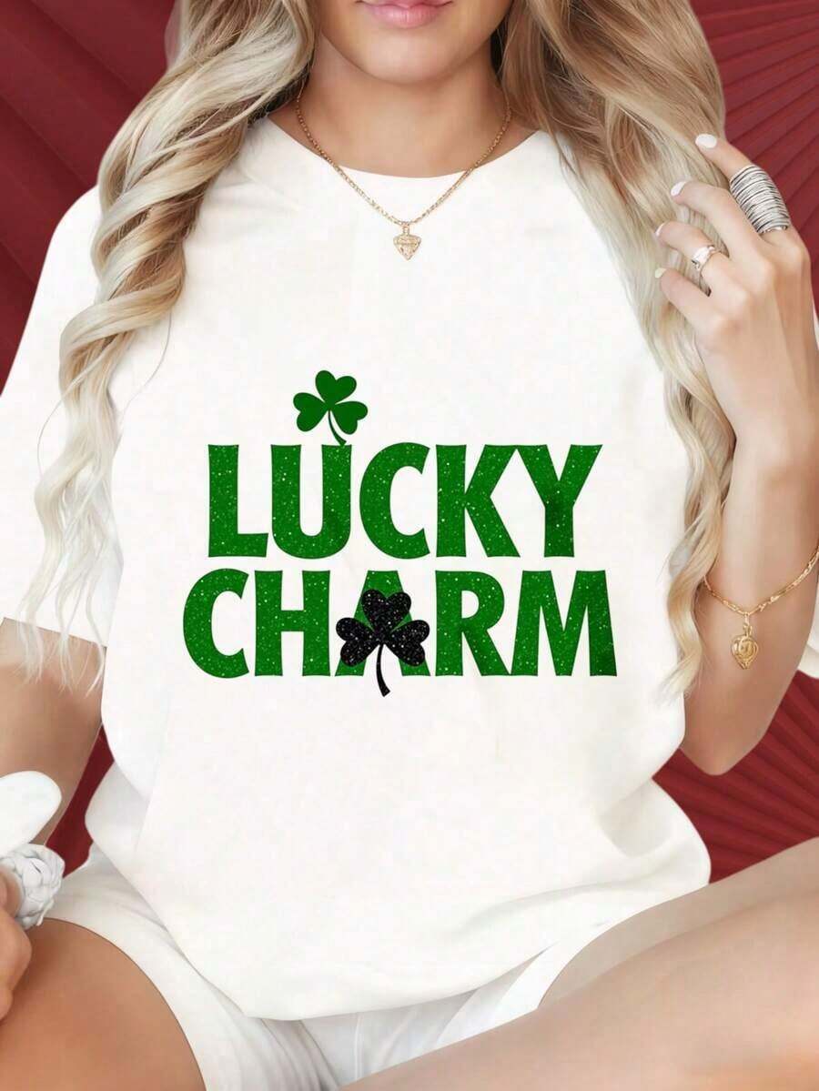 Women's T-Shirt With Clover Design And Bright Green Text, Ideal For Family Gatherings, Christmas Parties, Sports Activities, New Year's Eve Parties, Outings, Sports And Other Festive Gifts. - 白色 - 查看 1