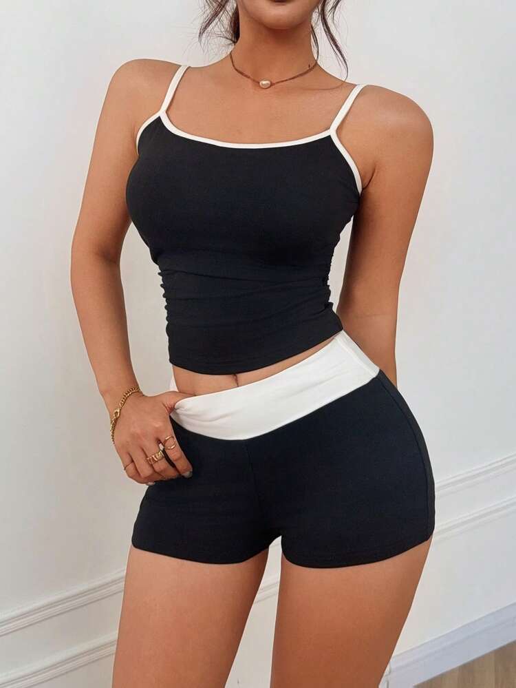 Dreamivo Women's Black & White Contrast Color Camisole Homewear Set, Slim Fit 2 Pieces - Black - View 1