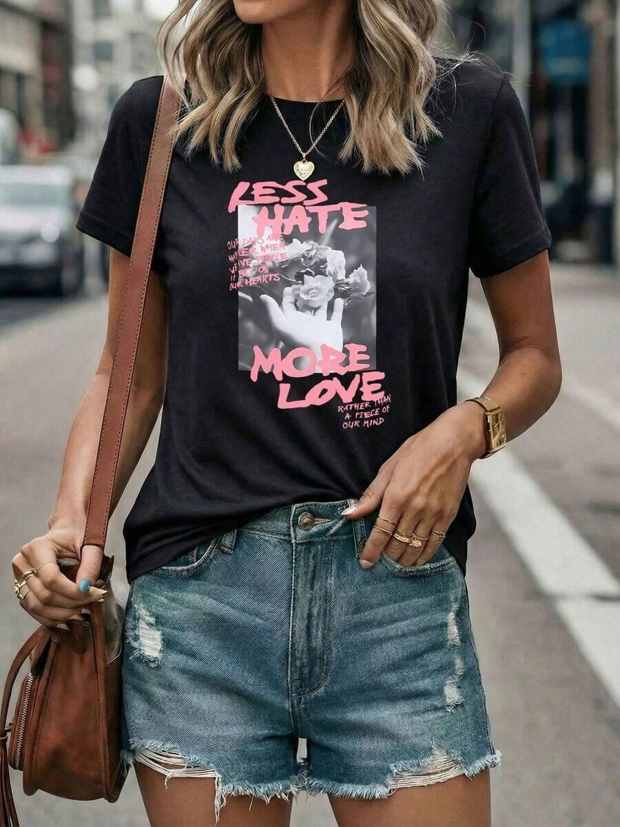 Short-Sleeved T-Shirt With Fun Floral And Cartoon Prints And A Slogan; Cute And Comfortable. Suitable For Various Occasions, Including Holiday Gifts, Birthday Gifts, Music Festivals, Casual Wear, Versatile Comfort, Beach Vacations, And Simple Yet Stylish Everyday Wear For Women And Girls. - 黑色 - 查看 1