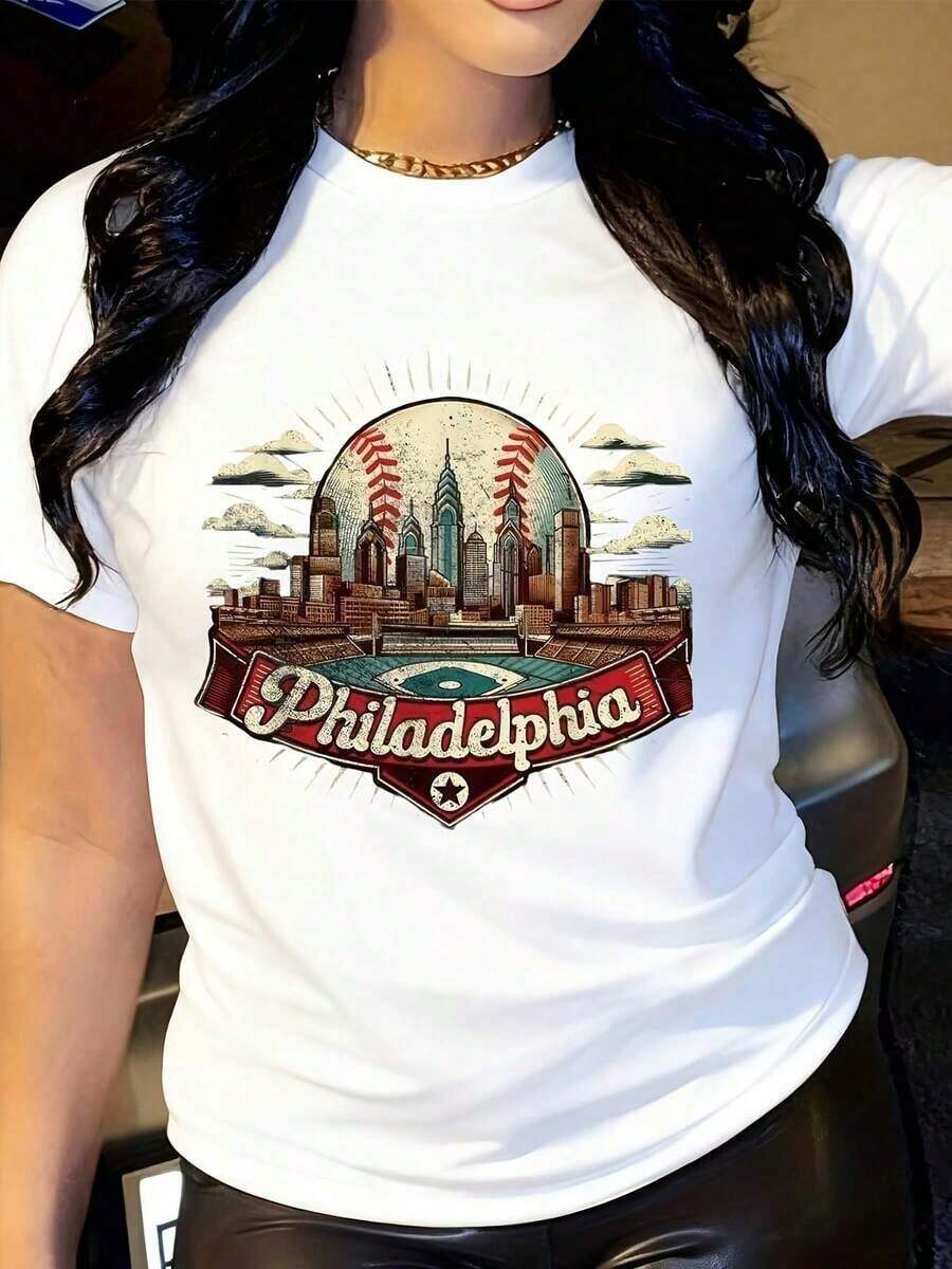 Vintage Short-Sleeved T-Shirt With Philadelphia Baseball Fans Print, Round Neck, Summer Soft Top For Women, Stylish And Comfortable Women's T-Shirt, Casual Graphic Tees. - 白色 - 查看 1