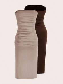 Vestido sin tirantes de mujer con tejido de punto colorido - Marrón - Ver 2