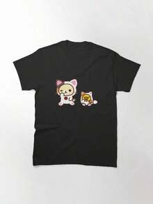 Cute Illustration Of The Rilakkuma Cat – Kawaii Japanese Aesthetic, Classic Cozy Anime-Style T-Shirt, Pure Cotton, Breathable, Short-Sleeved T-Shirts For Parents And Children, Machine Washable. Adorable Pattern Design | Soft And Kind To The Skin | Perfect For Family Photos. Y2k Summer T-Shirt Shirt - 黑色 - 查看 7