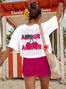 Camiseta casual de manga corta con cuello redondo y estampado de letras y cerezas para mujeres de talla grande. - Blanco - Ver 3