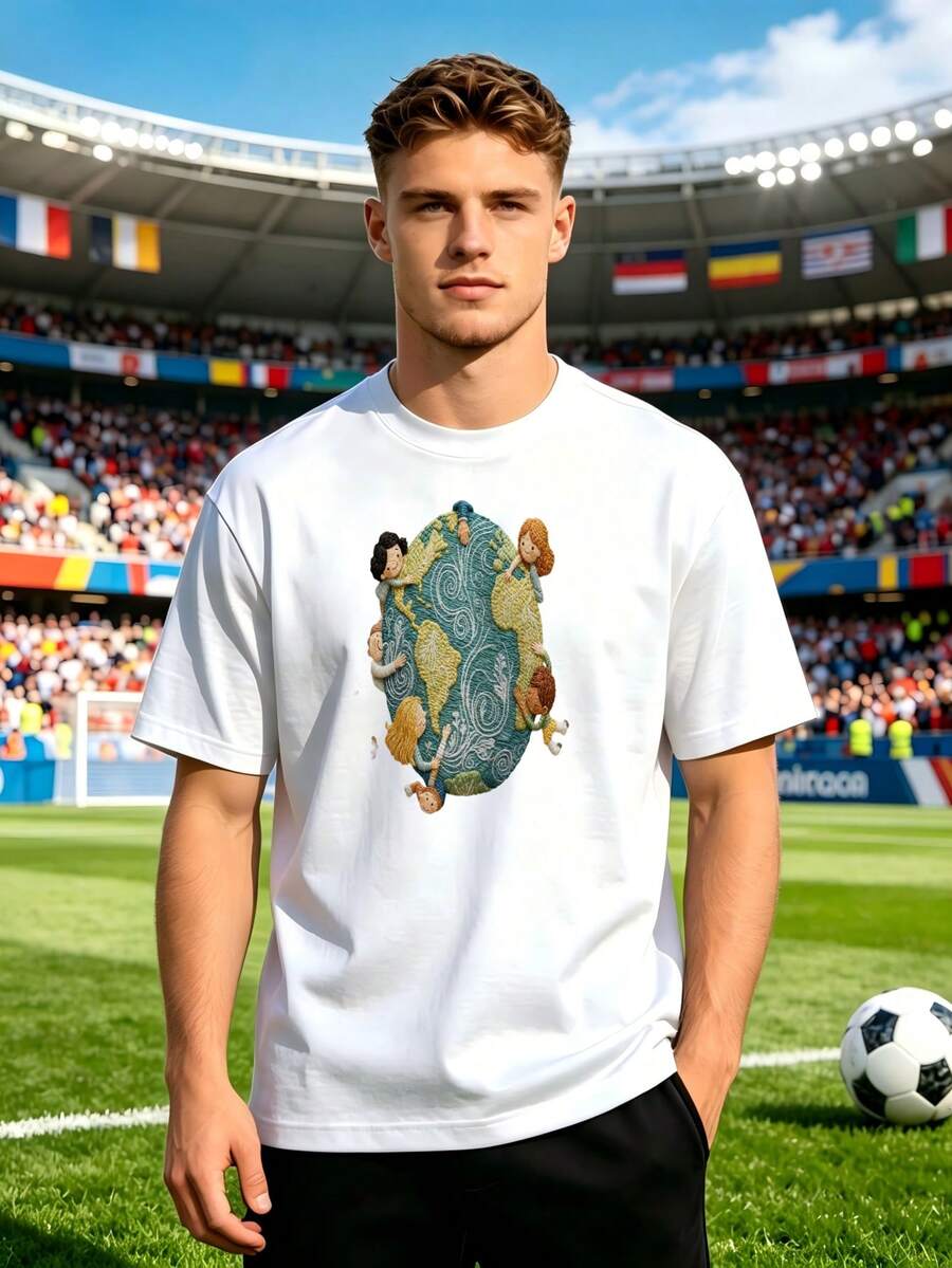 Camiseta de hombre para la Copa Mundial 2026 con un diseño de la Tierra y un niño sosteniendo un globo terráqueo. Confección impresa y bordada. Cómoda y versátil, adecuada para el transporte diario, reuniones informales, atuendos para la Copa Mundial y deportes al aire libre. - Blanco - Ver 1