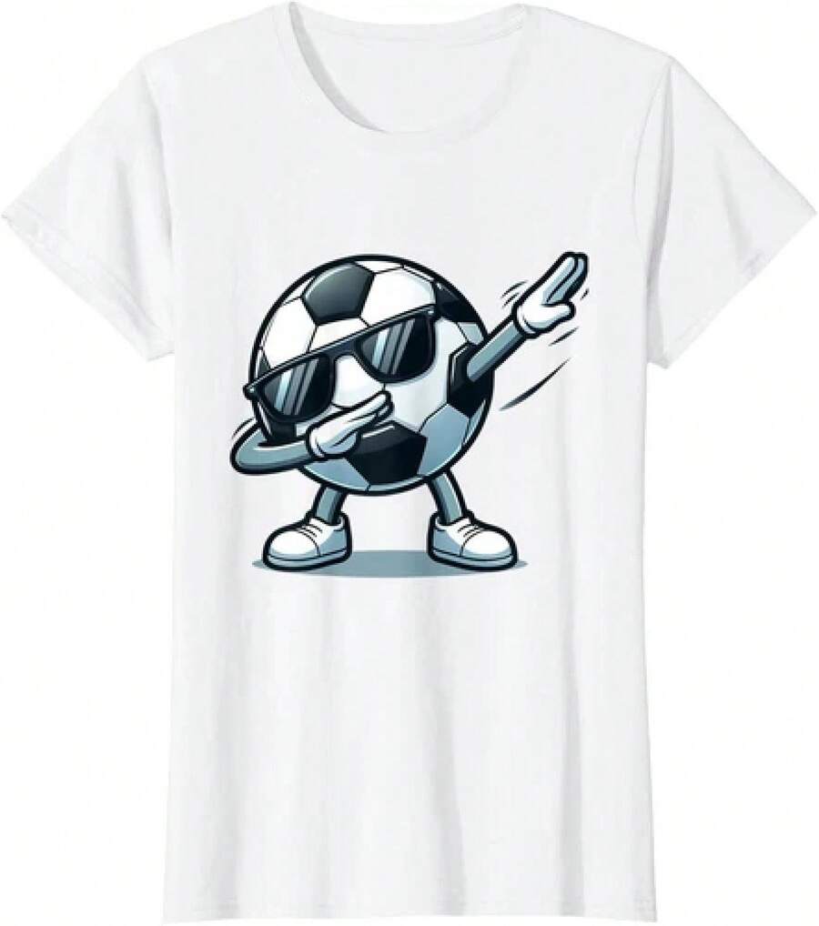 Camiseta de Cuello Redondo para Mujer con Diseño Divertido de Jugador de Fútbol y Balón de Fútbol - Negro - Ver 1